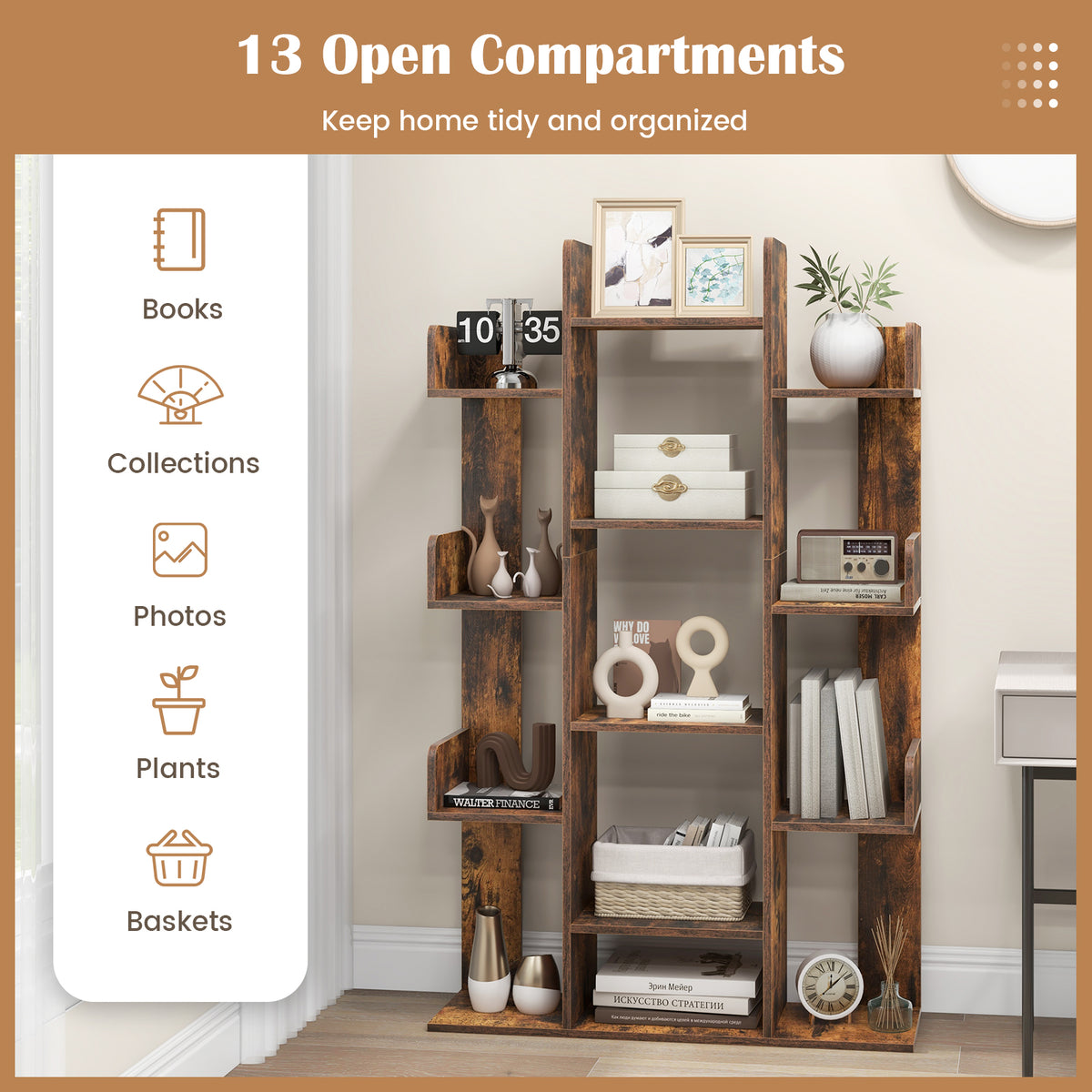 Tree-Shaped Bookshelf 13 Compartments - Rustic Brown, 3 Rows