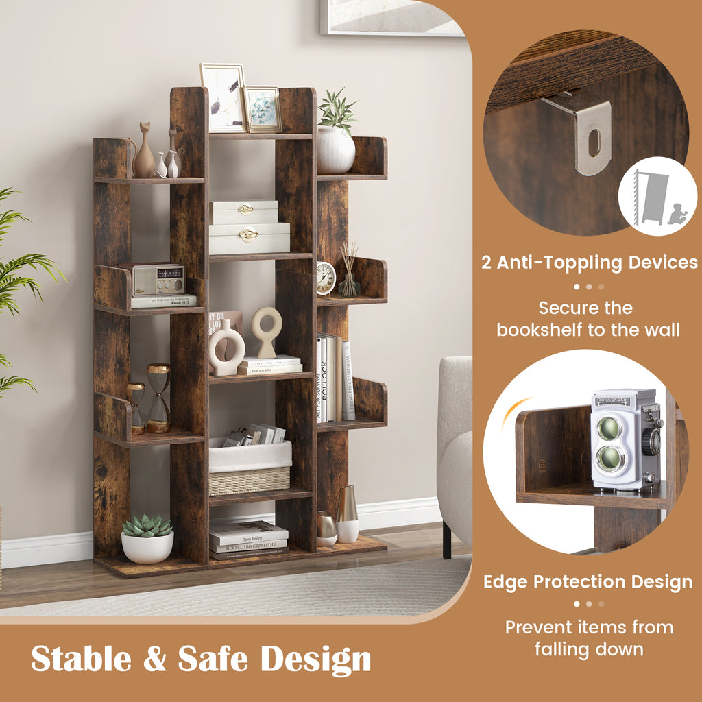 Tree-Shaped Bookshelf 13 Compartments - Rustic Brown, 3 Rows