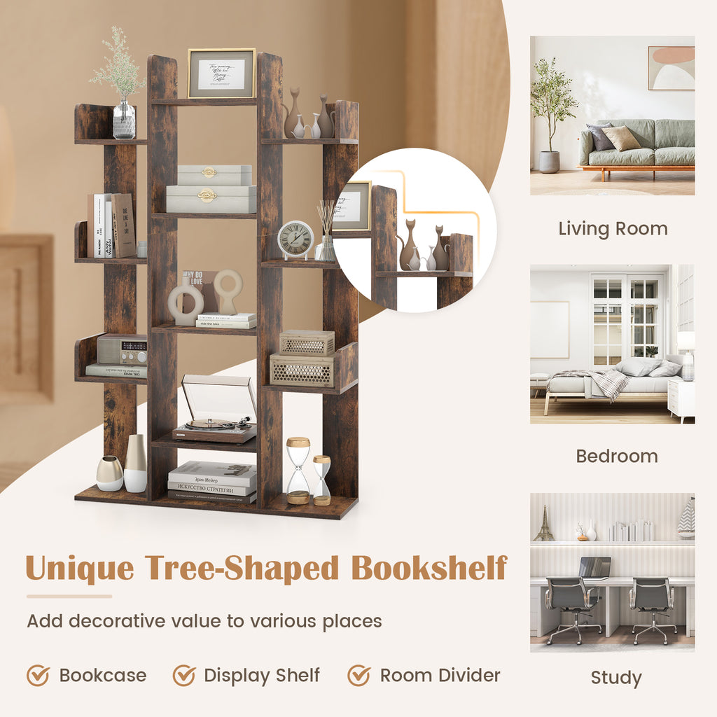 Tree-Shaped Bookshelf 13 Compartments - Rustic Brown, 3 Rows