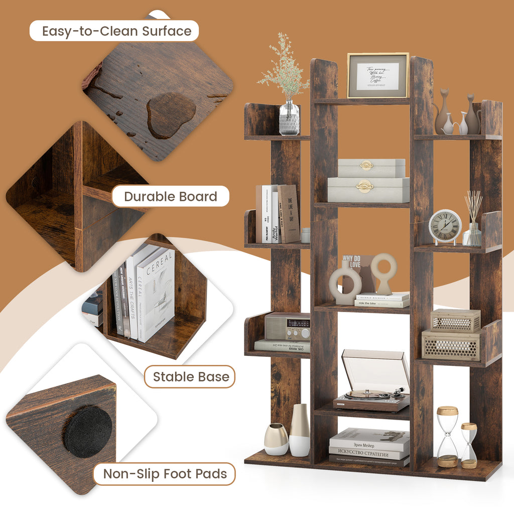 Tree-Shaped Bookshelf 13 Compartments - Rustic Brown, 3 Rows
