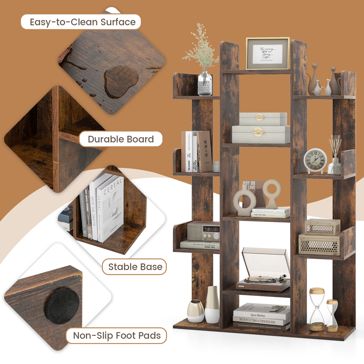 Tree-Shaped Bookshelf 13 Compartments - Rustic Brown, 3 Rows