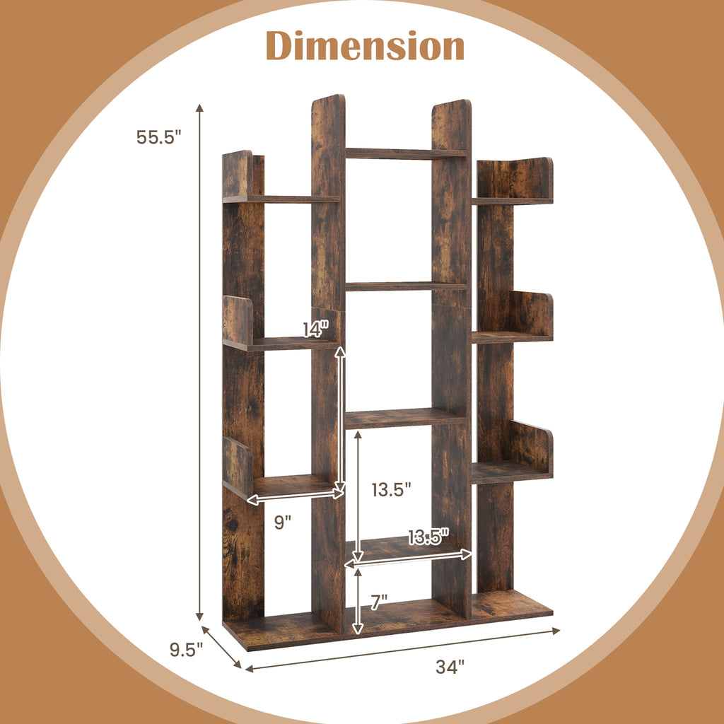 Tree-Shaped Bookshelf 13 Compartments - Rustic Brown, 3 Rows