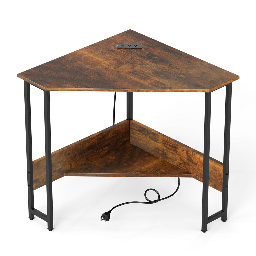 Triangle Computer Corner Desk with Charging Station - Rustic Brown