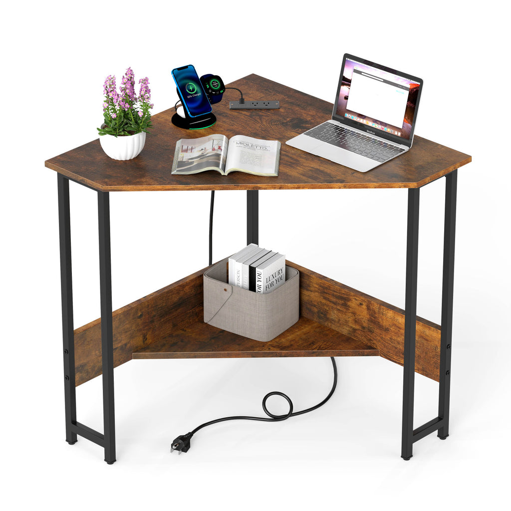 Triangle Computer Corner Desk with Charging Station - Rustic Brown