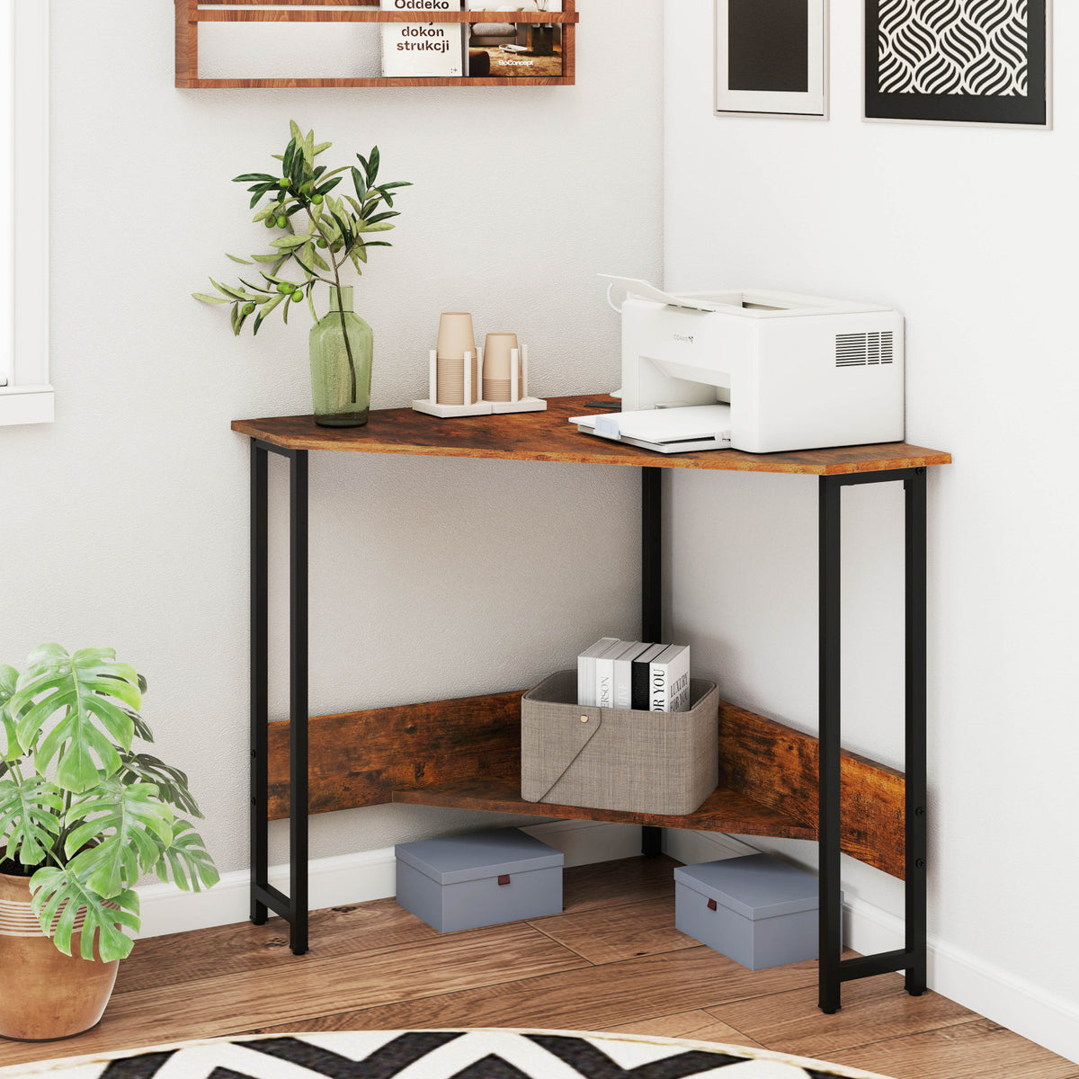 Triangle Computer Corner Desk with Charging Station - Rustic Brown
