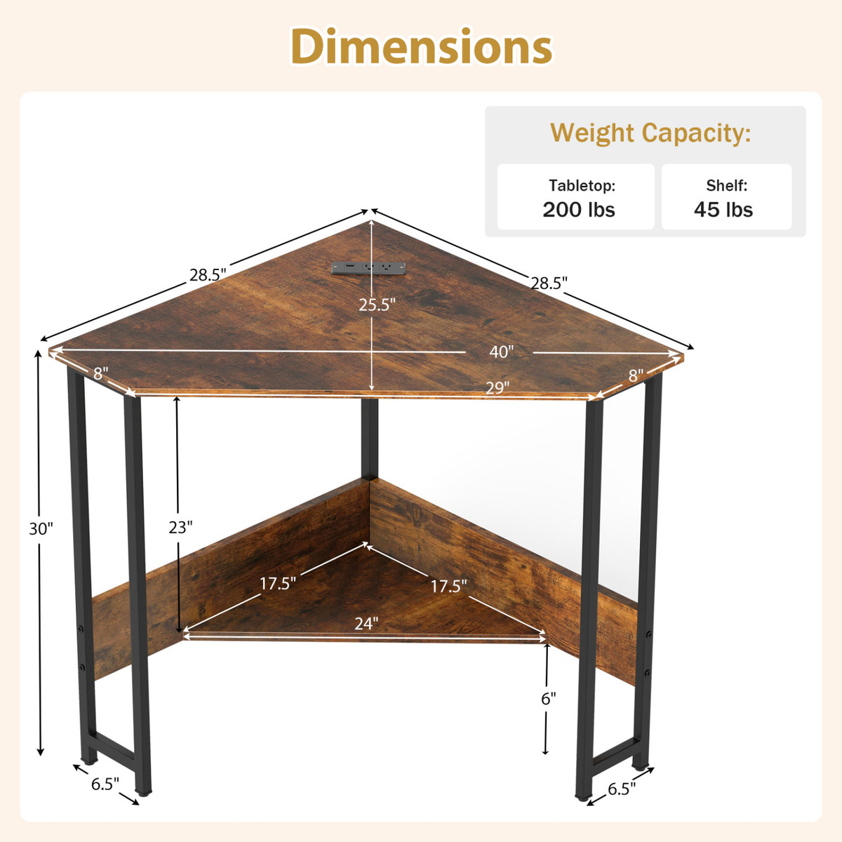Triangle Computer Corner Desk with Charging Station - Rustic Brown