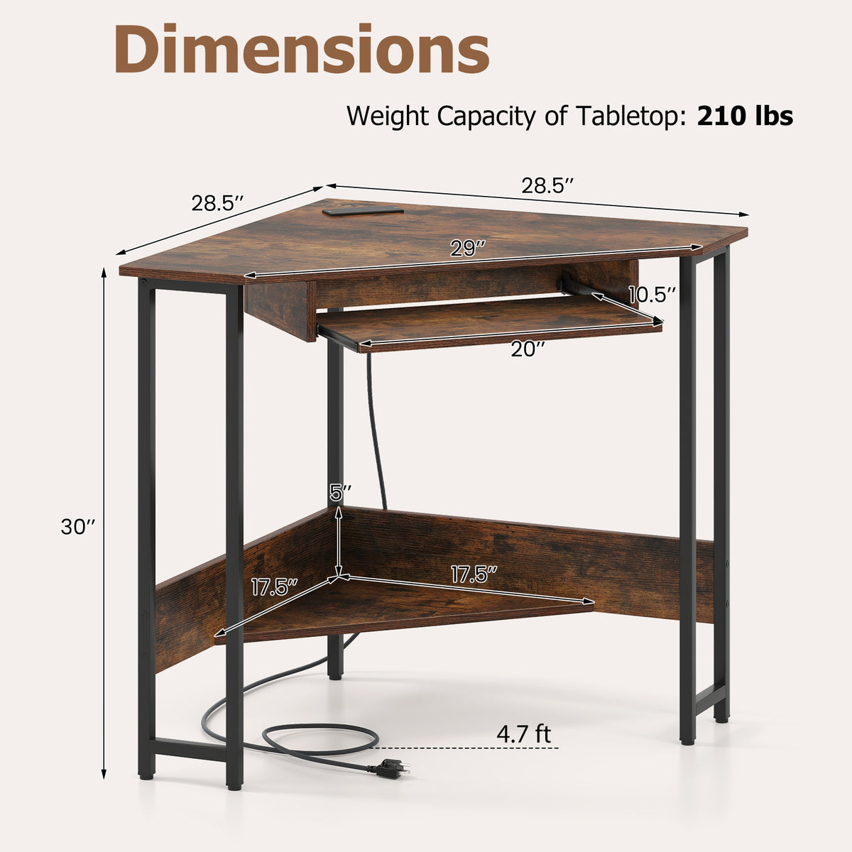 Triangle Corner Desk with Charging Station & Keyboard Tray - Rustic Brown