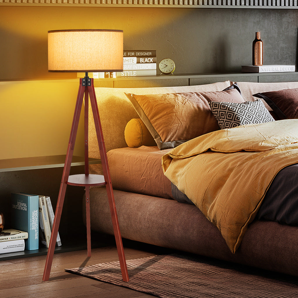Wood Floor Lamp with Flaxen Shade & E26 Base - Brown Tripod Standing Light