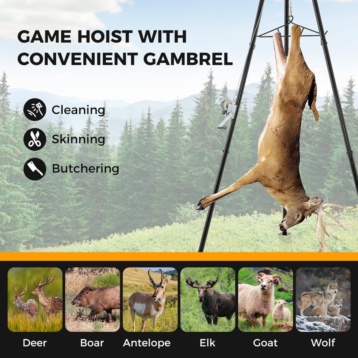Tripod Game Hoist Deer Hanger 600 LBS Capacity Skinning Rack