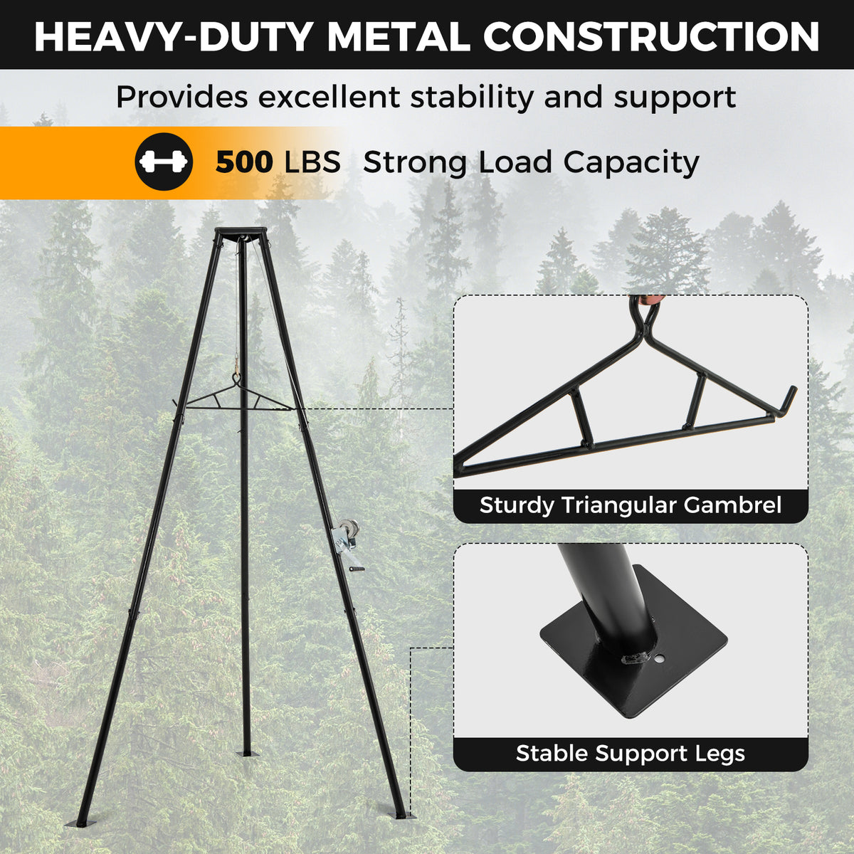Tripod Game Hoist Deer Hanger 600 LBS Capacity Skinning Rack
