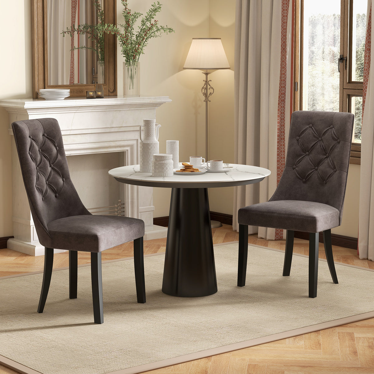 Tufted Dining Chairs Set of 2, High Back Padded - Gray