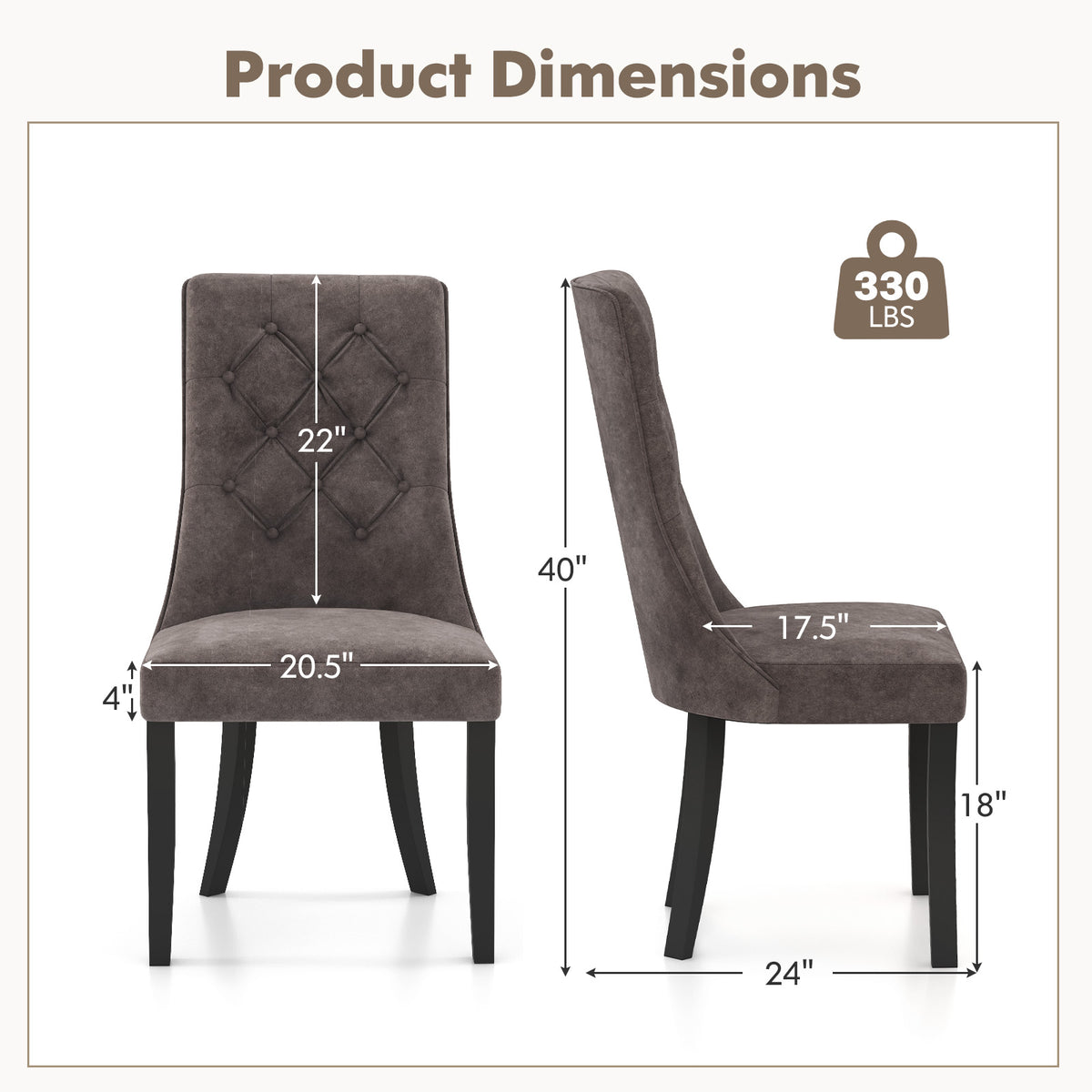 Tufted Dining Chairs Set of 2, High Back Padded - Gray
