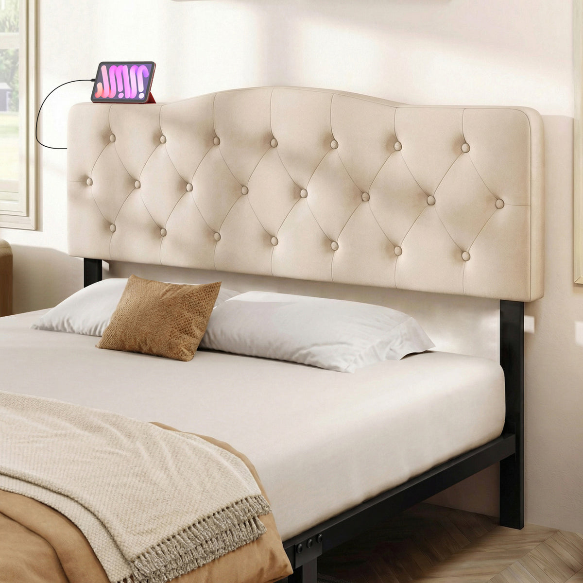 Tufted Upholstered Headboard with USB Charging - Beige