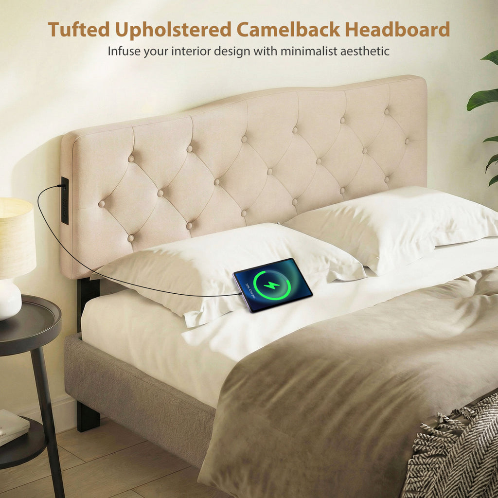 Tufted Upholstered Headboard with USB Charging - Beige