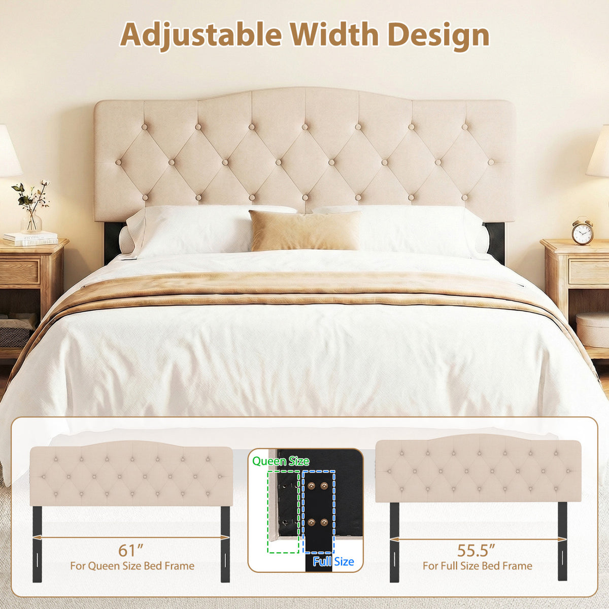 Tufted Upholstered Headboard with USB Charging - Beige