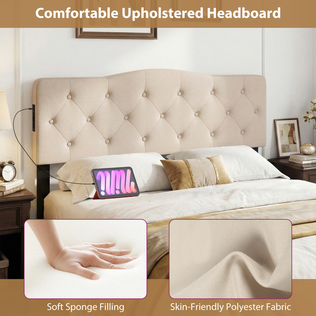 Tufted Upholstered Headboard with USB Charging - Beige
