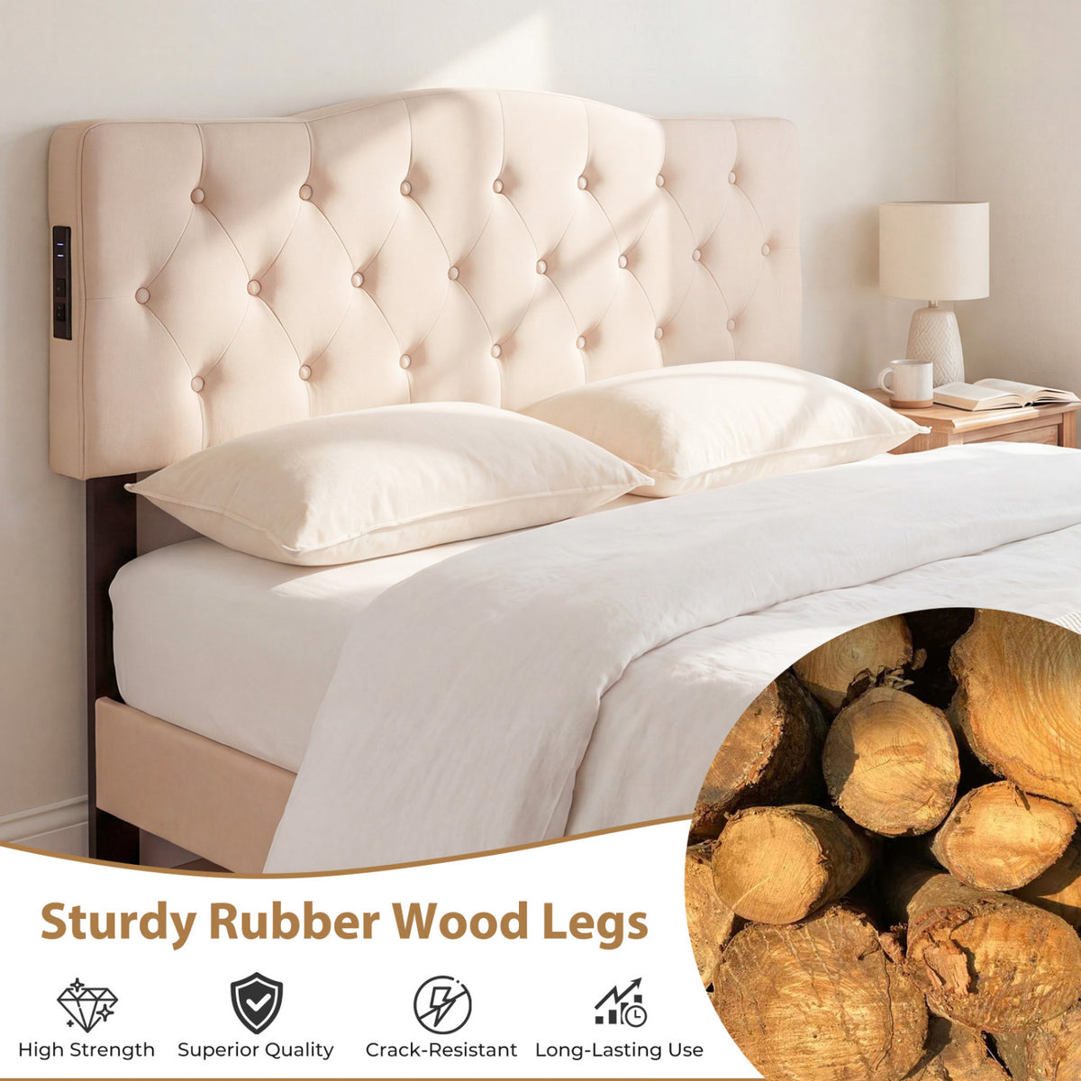 Tufted Upholstered Headboard with USB Charging - Beige