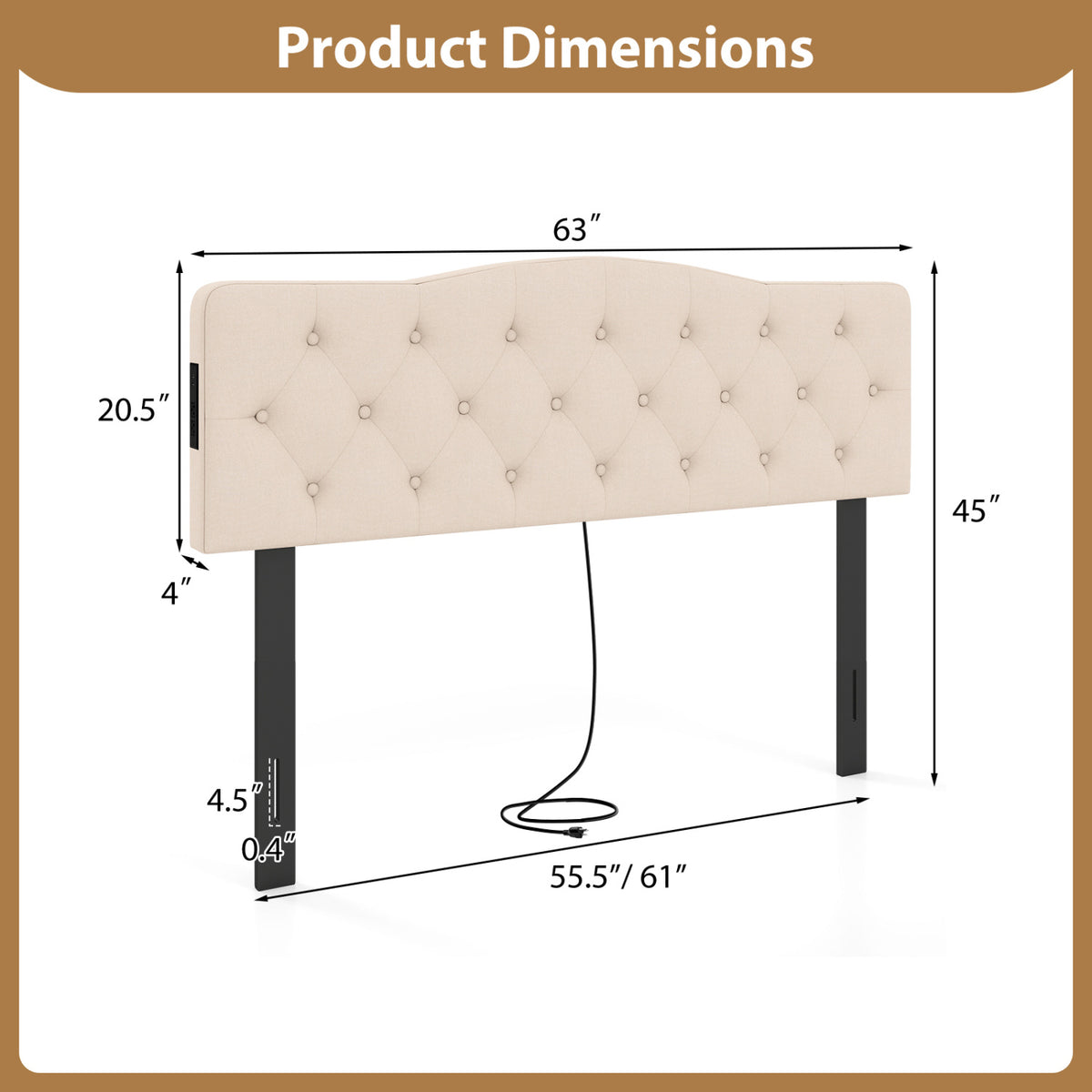 Tufted Upholstered Headboard with USB Charging - Beige