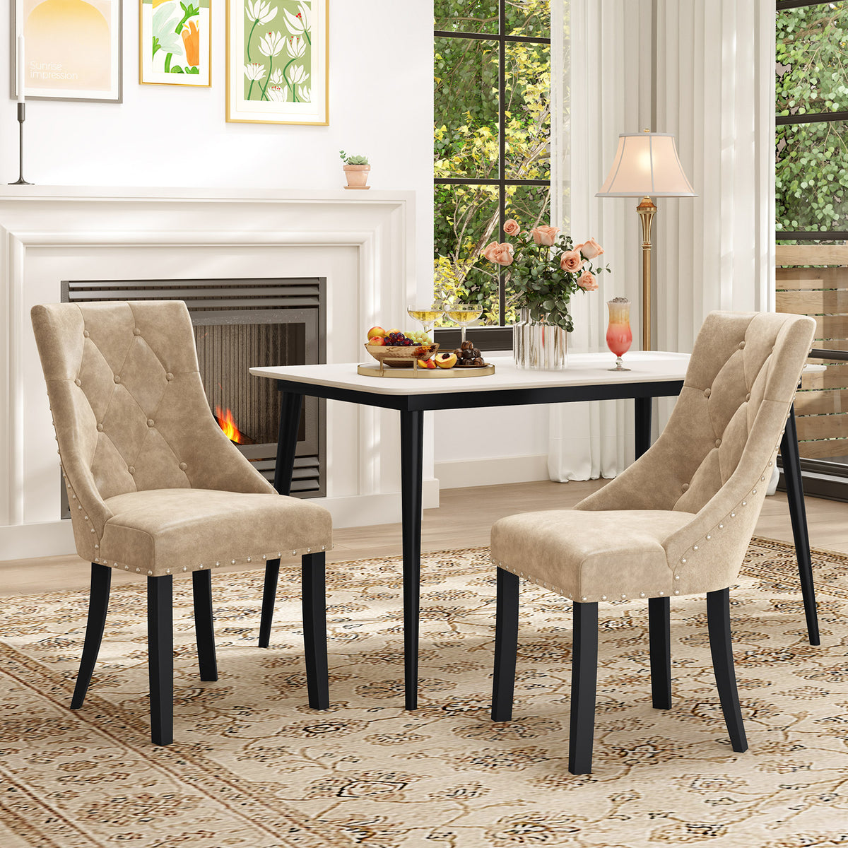 Tufted Wingback Upholstered Dining Chairs Set of 2 - Light Brown
