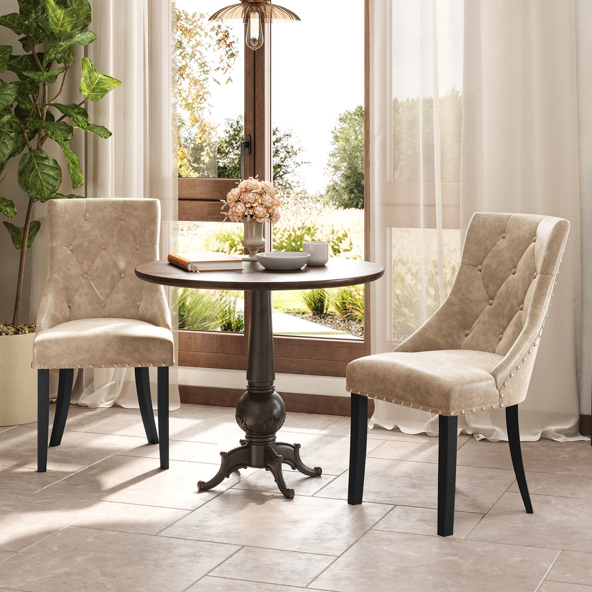 Tufted Wingback Upholstered Dining Chairs Set of 2 - Light Brown