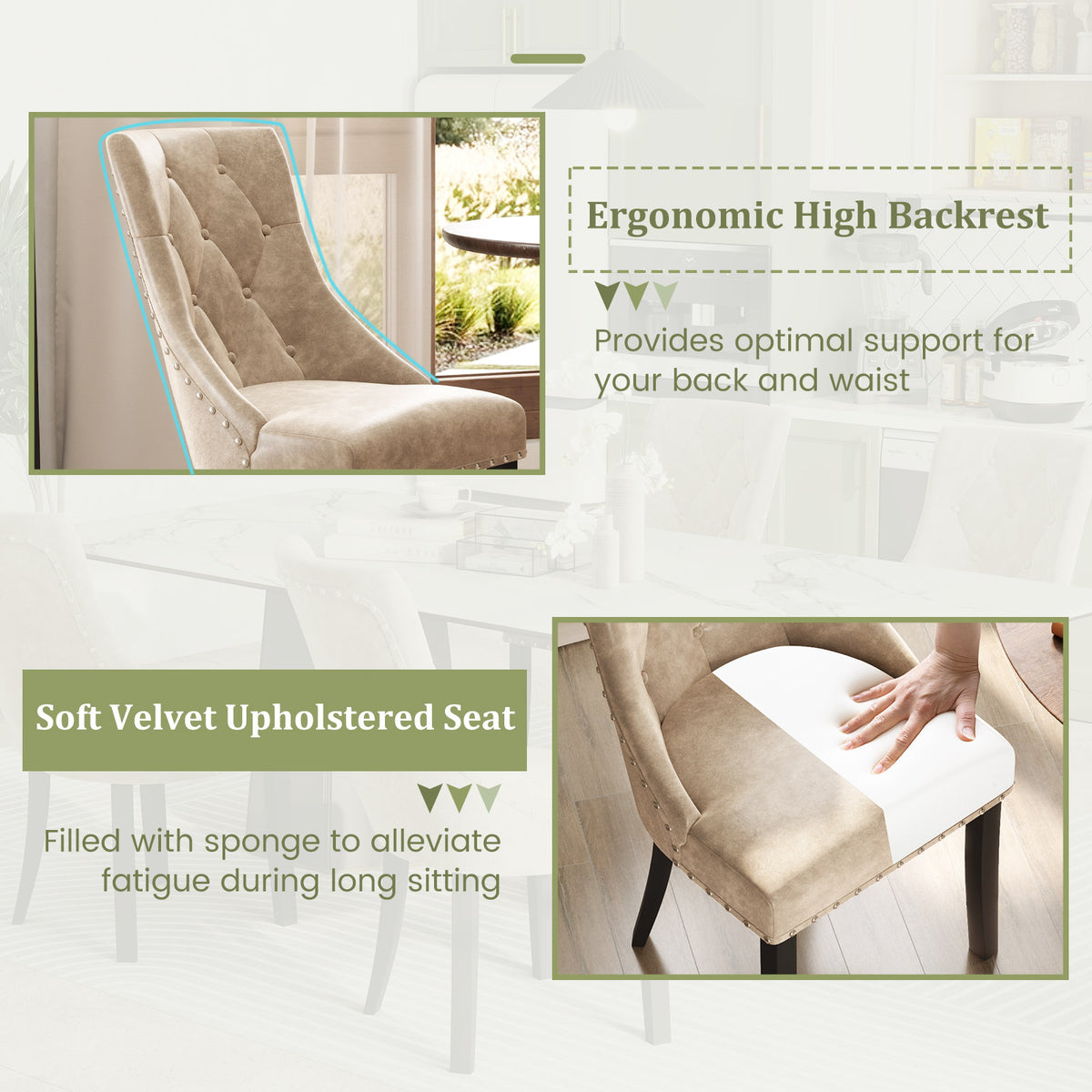 Tufted Wingback Upholstered Dining Chairs Set of 2 - Light Brown