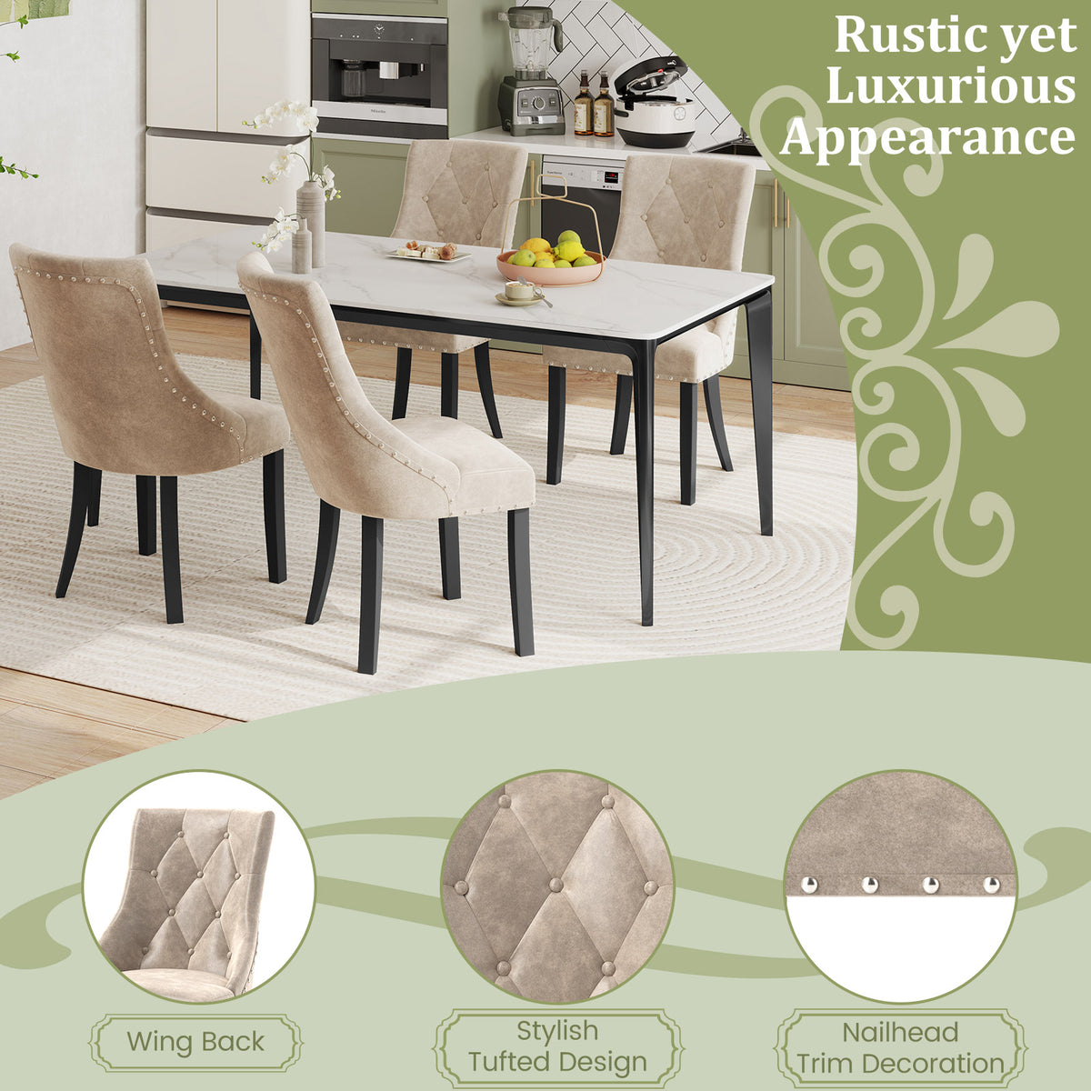 Tufted Wingback Upholstered Dining Chairs Set of 2 - Light Brown