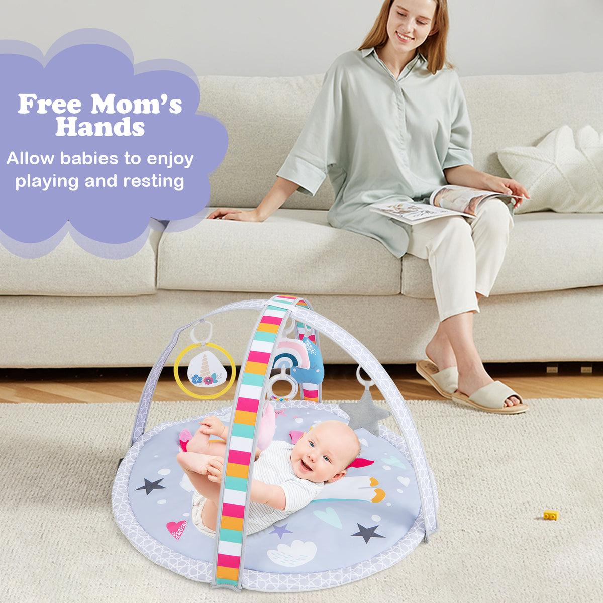 Baby Play Gym Mat 7-in-1 Tummy Time Activity Mat with Detachable Toys - Multicolor