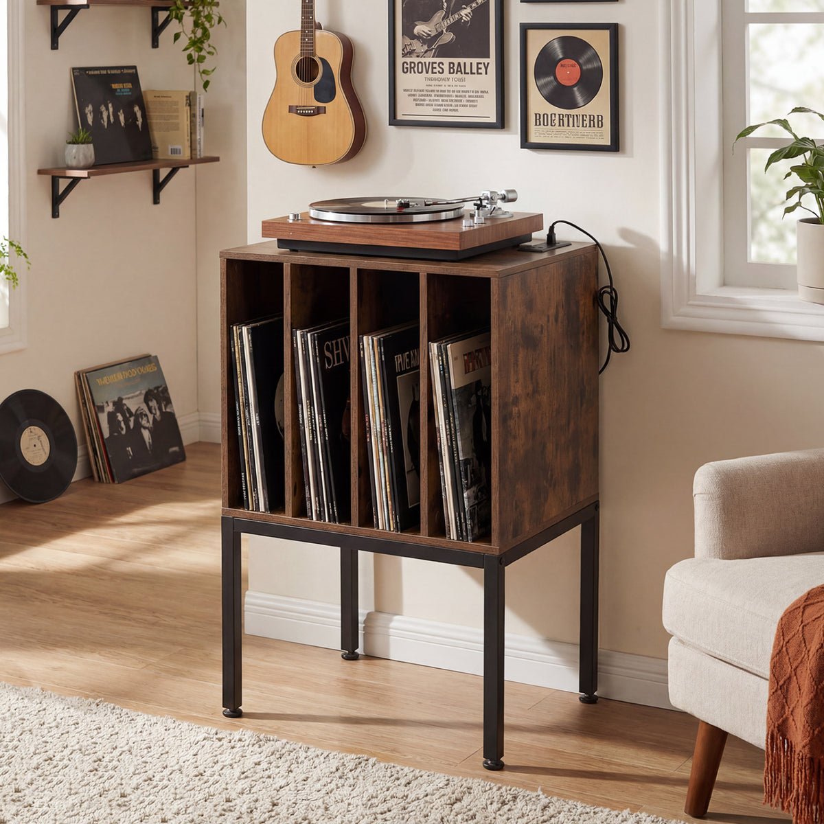 Turntable Record Player Stand with Power Outlets - Rustic Brown
