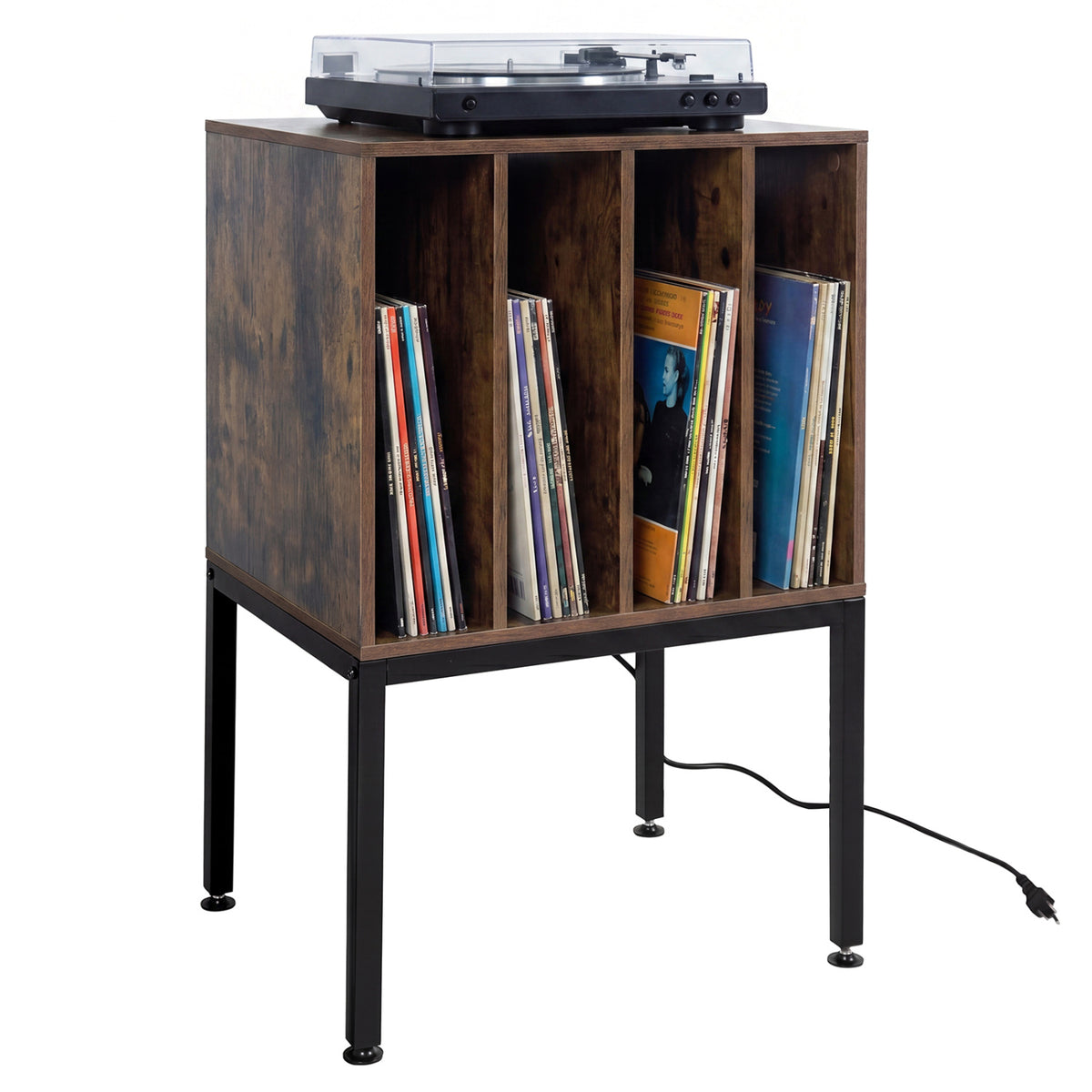 Turntable Record Player Stand with Power Outlets - Rustic Brown