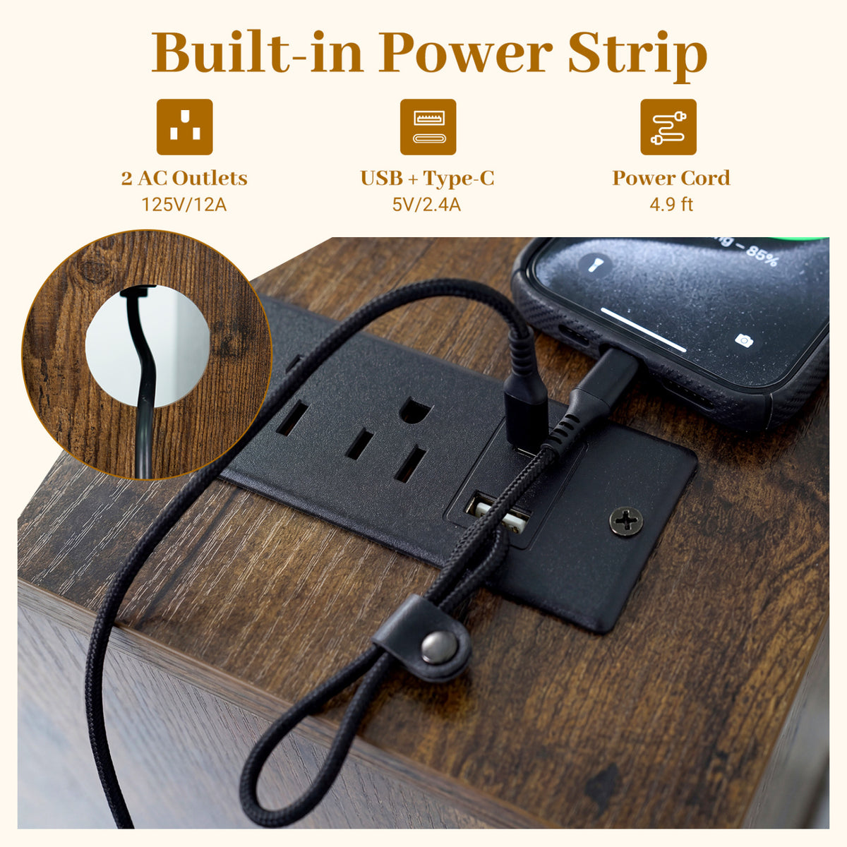 Turntable Record Player Stand with Power Outlets - Rustic Brown