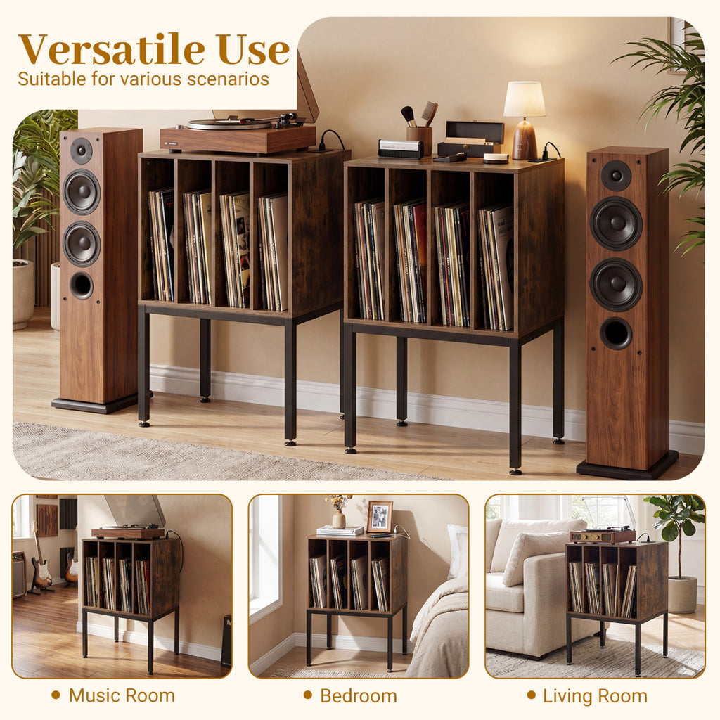 Turntable Record Player Stand with Power Outlets - Rustic Brown