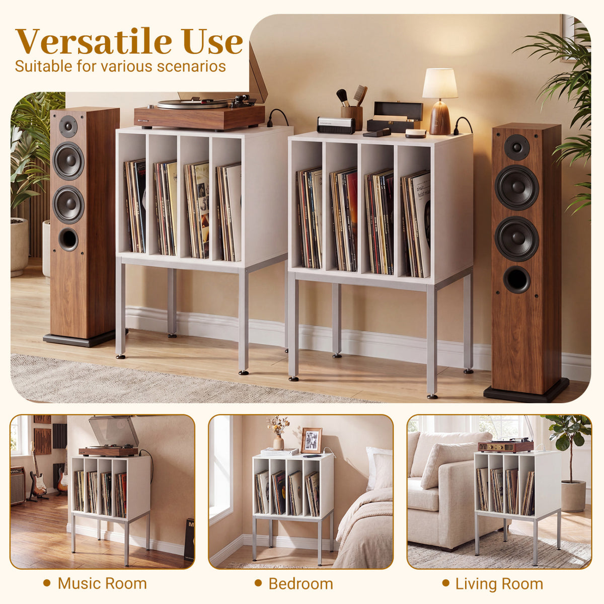 Turntable Record Player Stand with Power Outlets, White