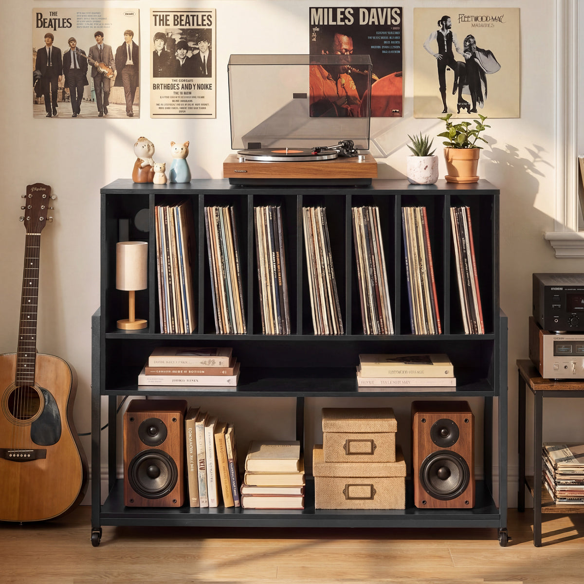Turntable Stand with Vinyl Storage Shelves and Charging Station - Black