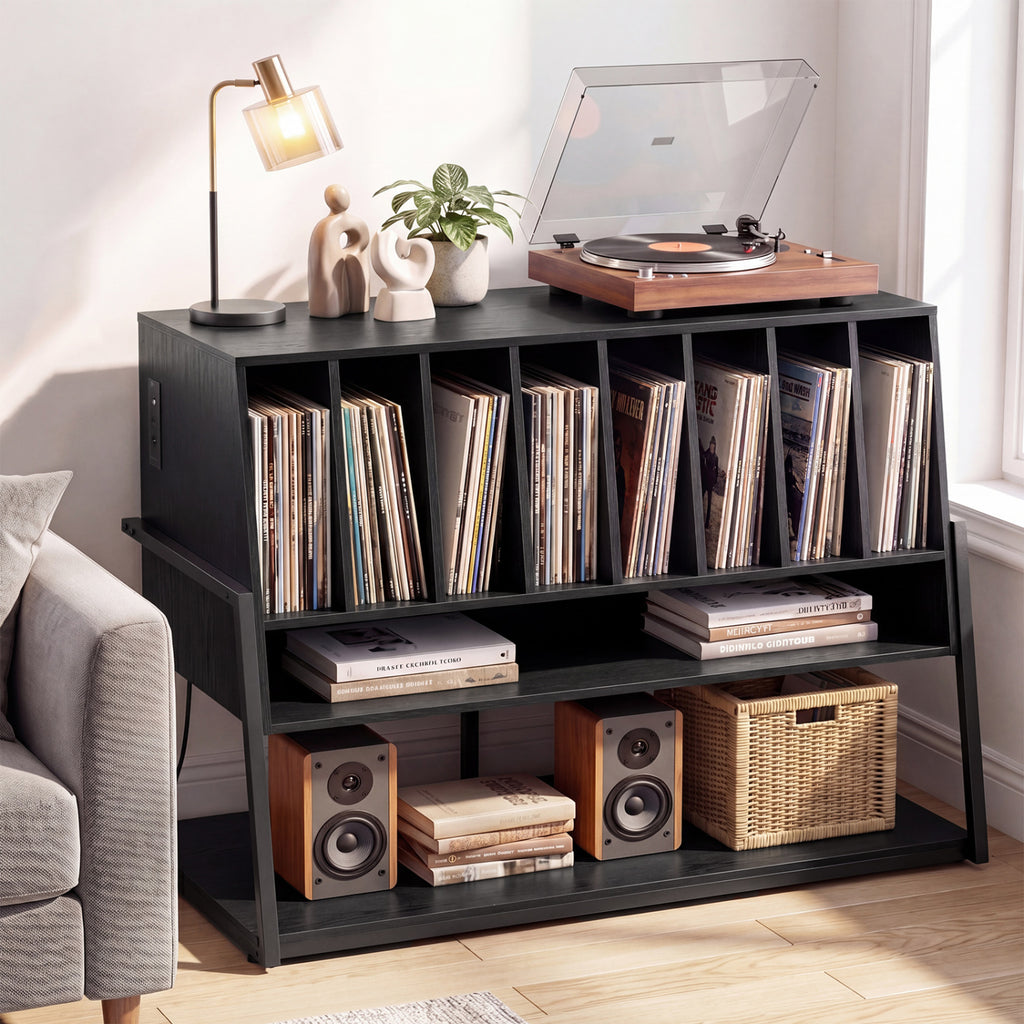 Turntable Stand with Vinyl Storage Shelves and Charging Station - Black