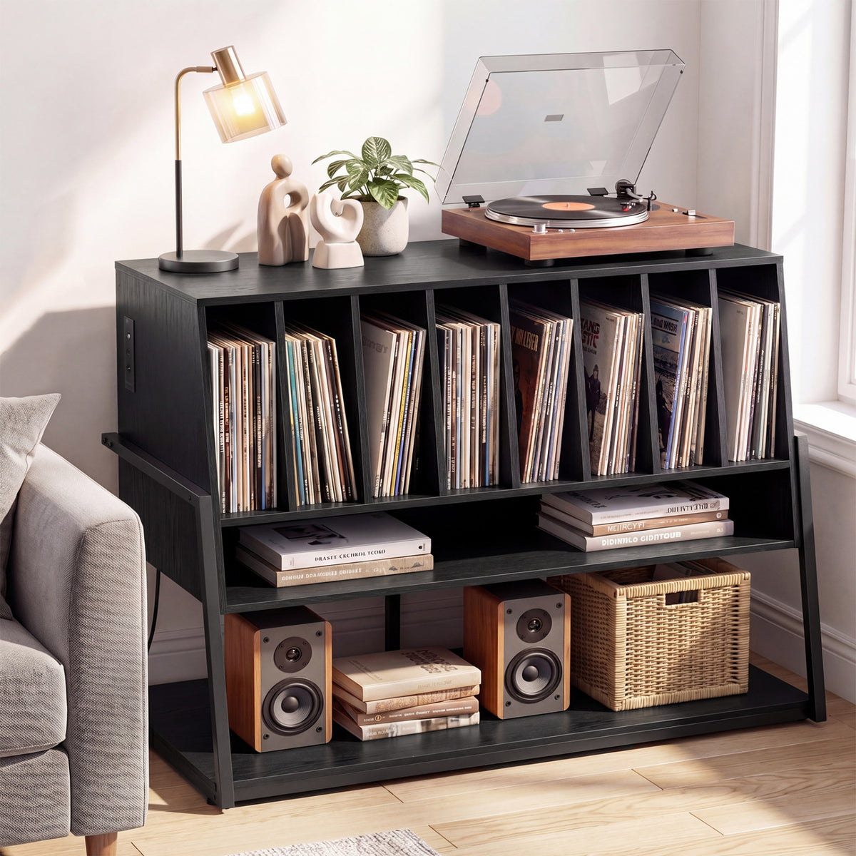 Turntable Stand with Vinyl Storage Shelves and Charging Station - Black