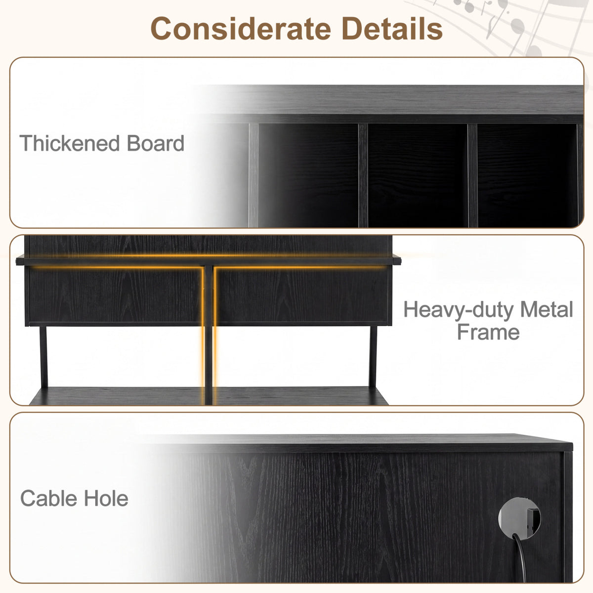 Turntable Stand with Vinyl Storage Shelves and Charging Station - Black