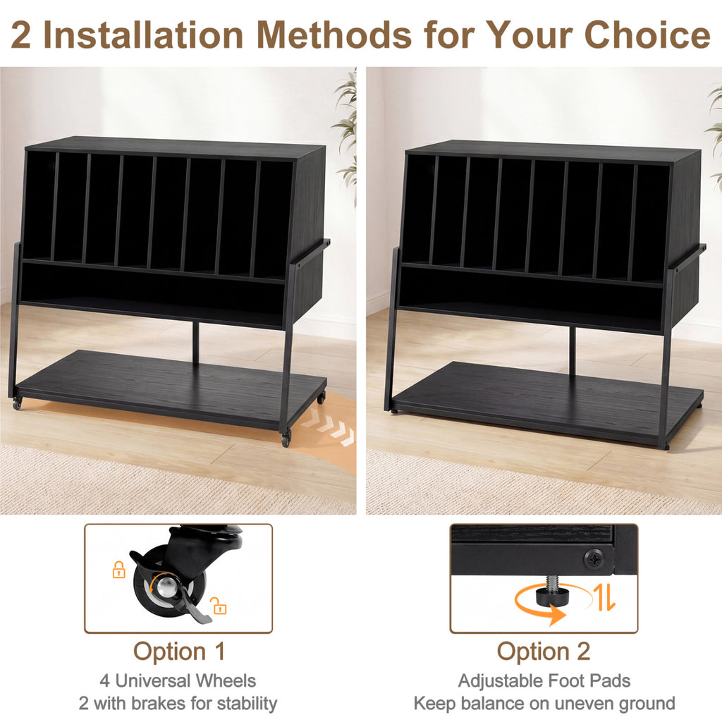 Turntable Stand with Vinyl Storage Shelves and Charging Station - Black