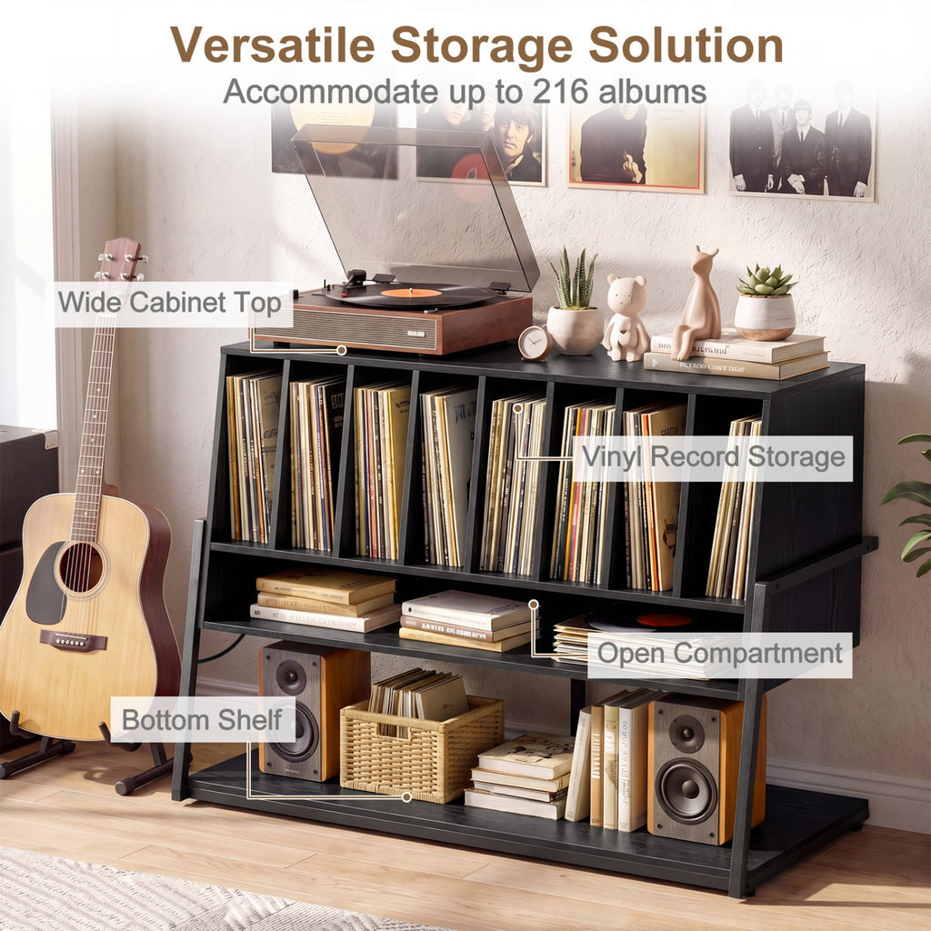 Turntable Stand with Vinyl Storage Shelves and Charging Station - Black