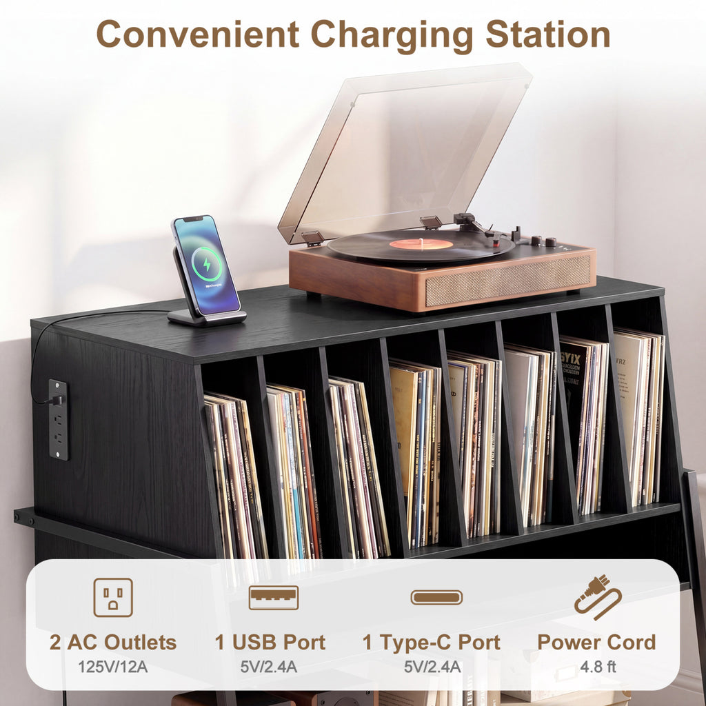 Turntable Stand with Vinyl Storage Shelves and Charging Station - Black