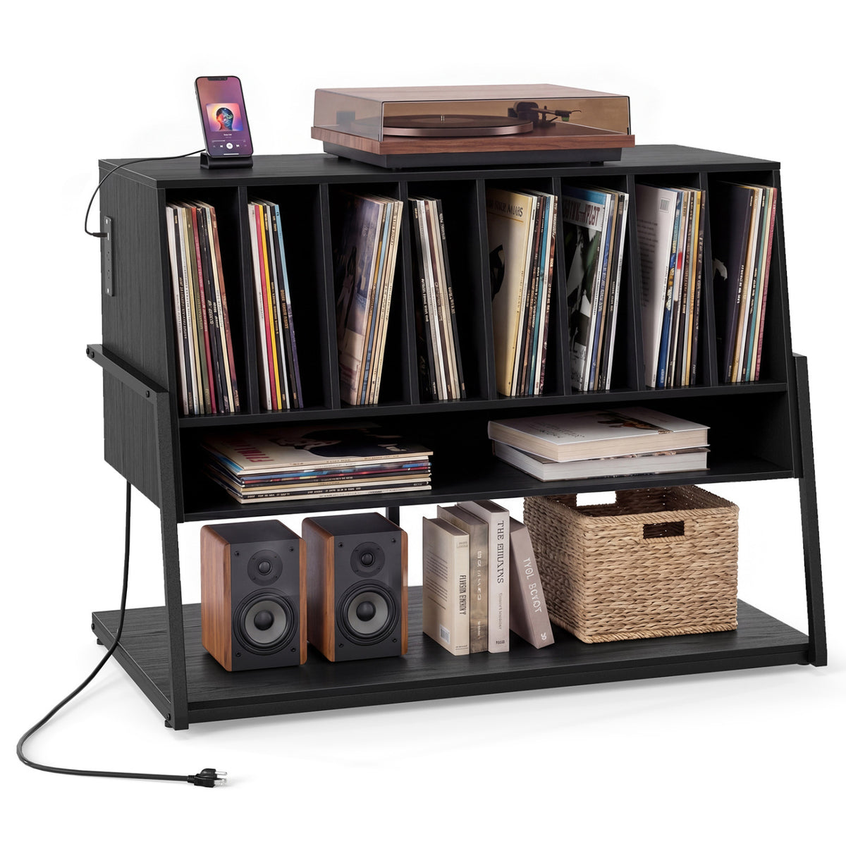 Turntable Stand with Vinyl Storage Shelves and Charging Station - Black