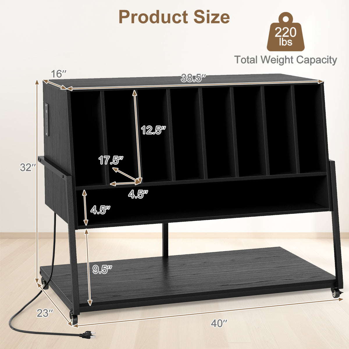 Turntable Stand with Vinyl Storage Shelves and Charging Station - Black