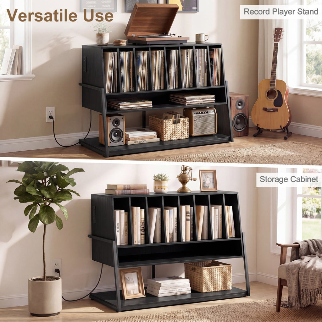 Turntable Stand with Vinyl Storage Shelves and Charging Station - Black