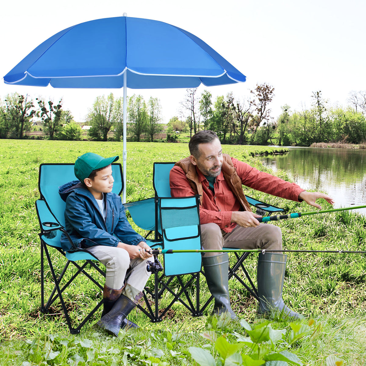 Portable Folding Picnic Double Chair With Removable Umbrella