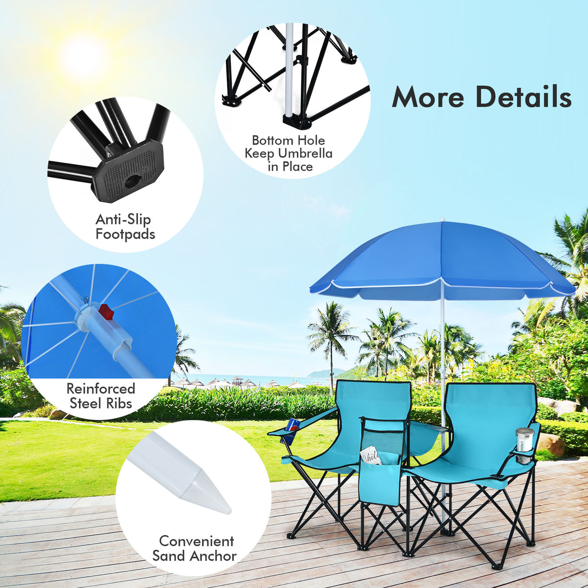 Portable Folding Picnic Double Chair With Removable Umbrella