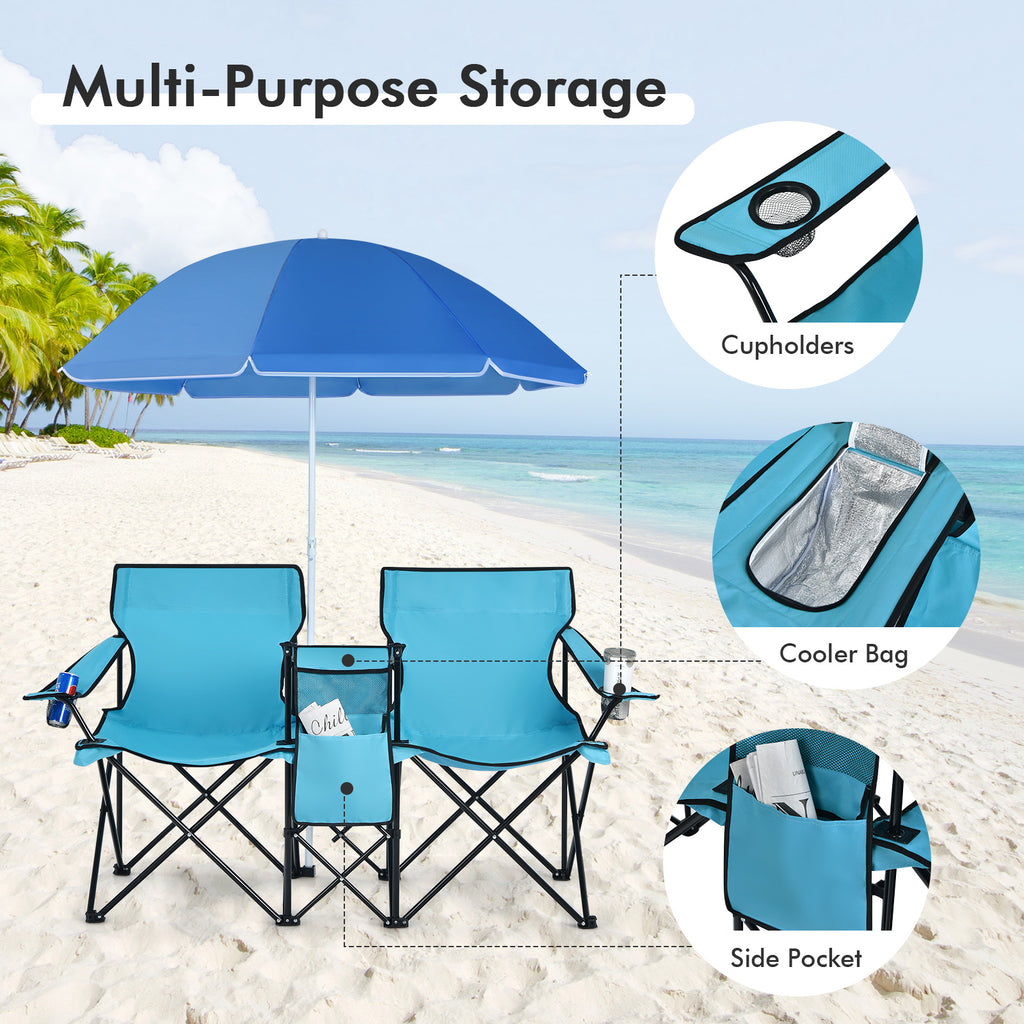 Portable Folding Picnic Double Chair With Removable Umbrella