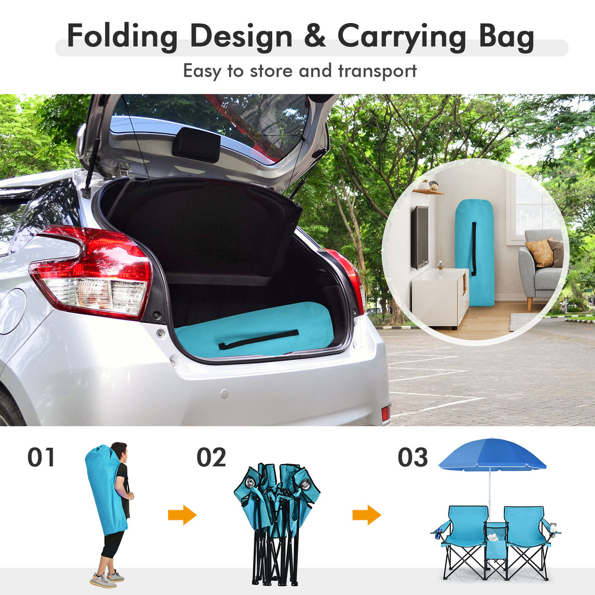 Portable Folding Picnic Double Chair With Removable Umbrella