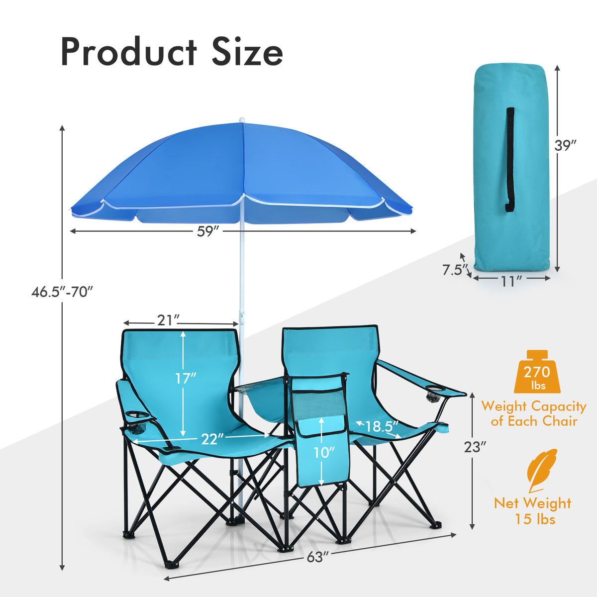 Portable Folding Picnic Double Chair With Removable Umbrella