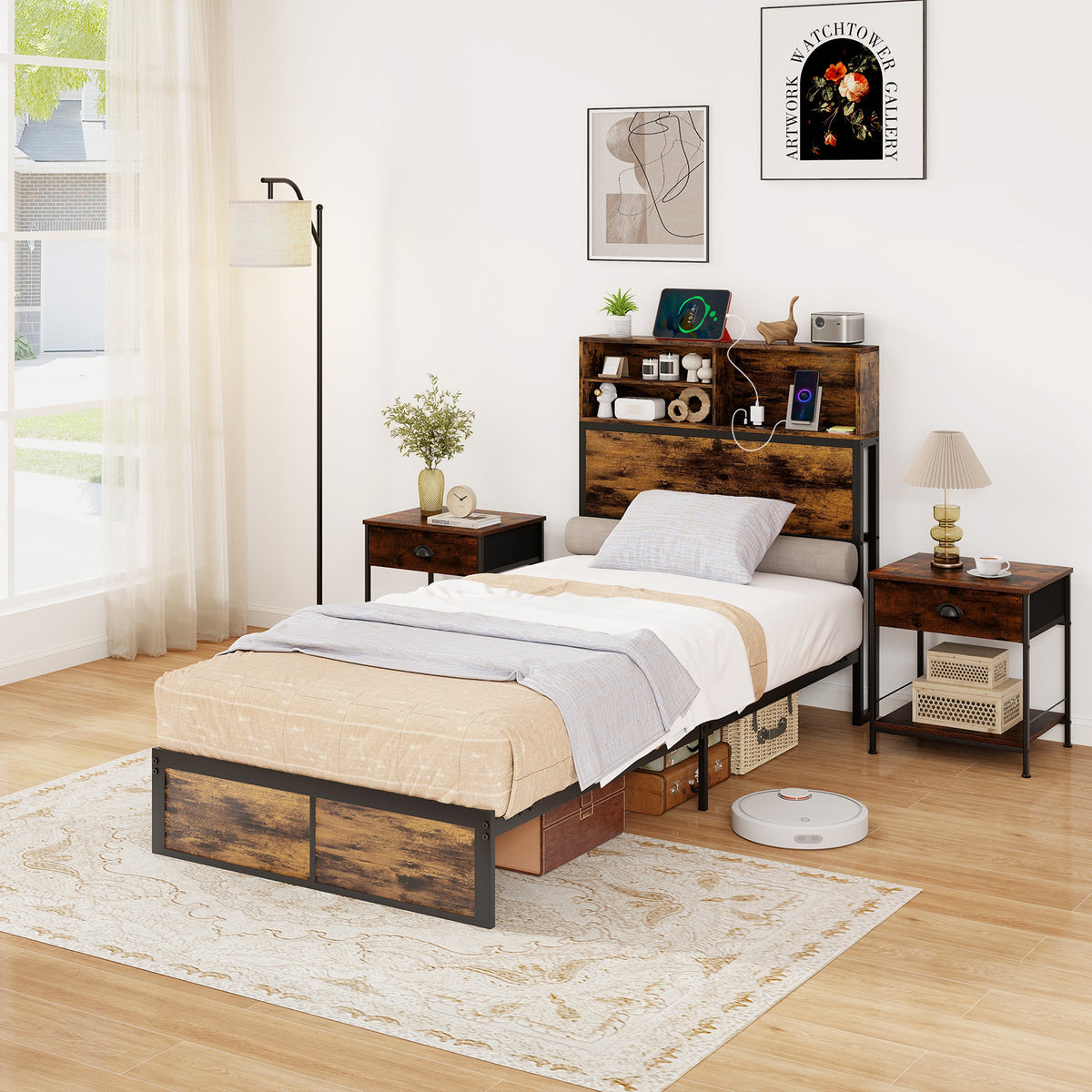 Industrial Metal Platform Bed with Storage Headboard – Twin Size