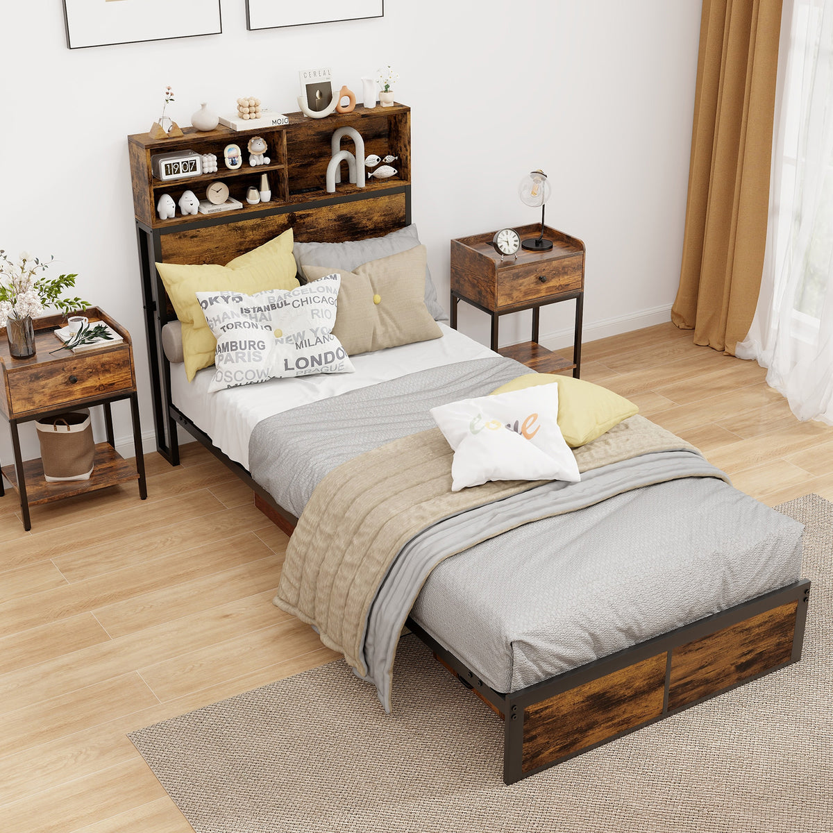 Industrial Metal Platform Bed with Storage Headboard – Twin Size