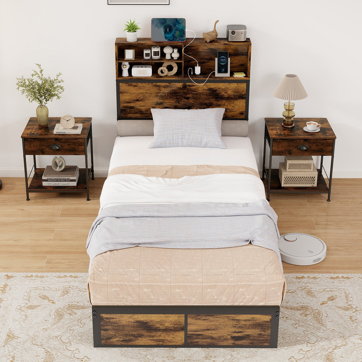 Industrial Metal Platform Bed with Storage Headboard – Twin Size